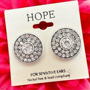 Clip On Round Button Silver Tone Rhinestone Earrings